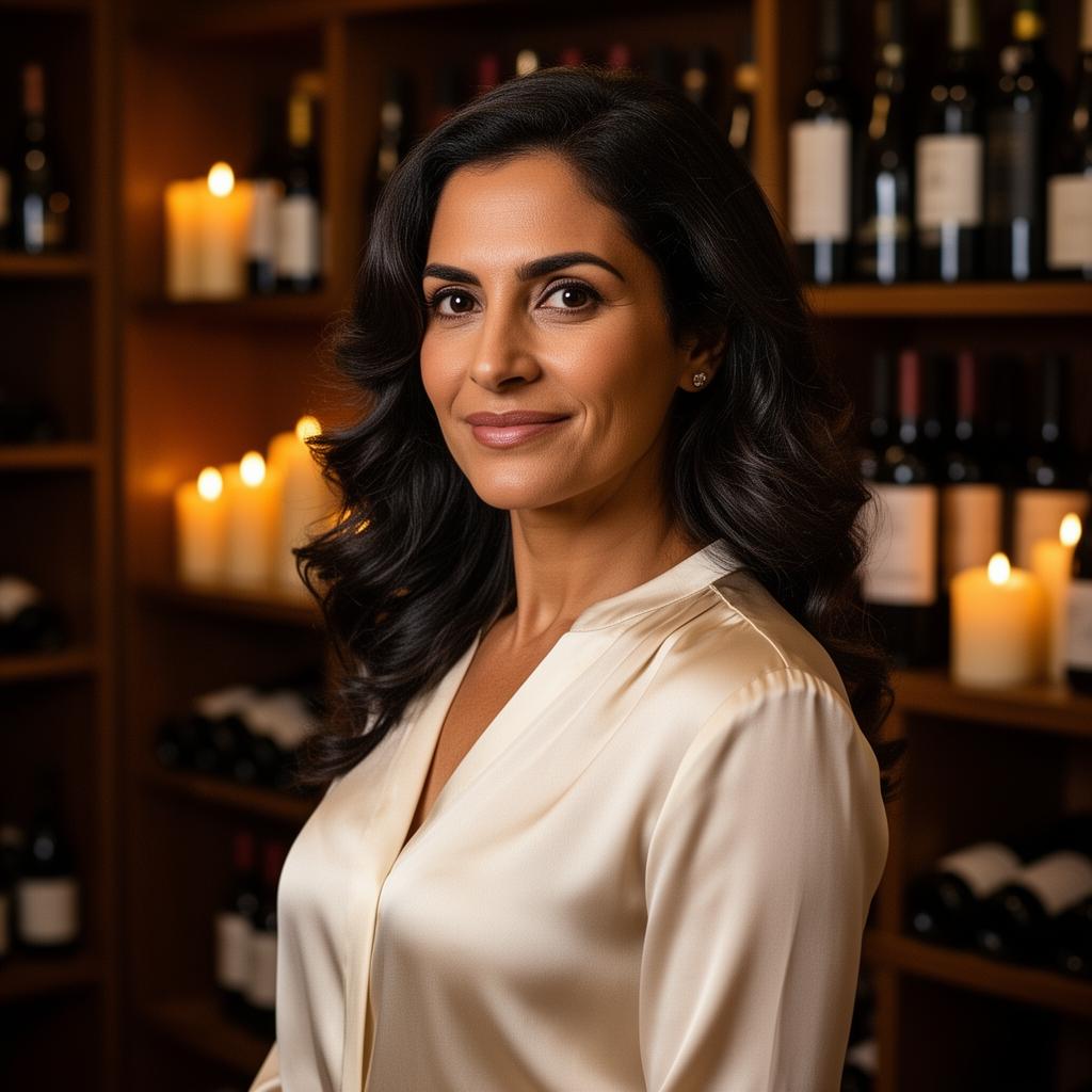 Retrato de Beatriz Valente em uma boutique de vinhos